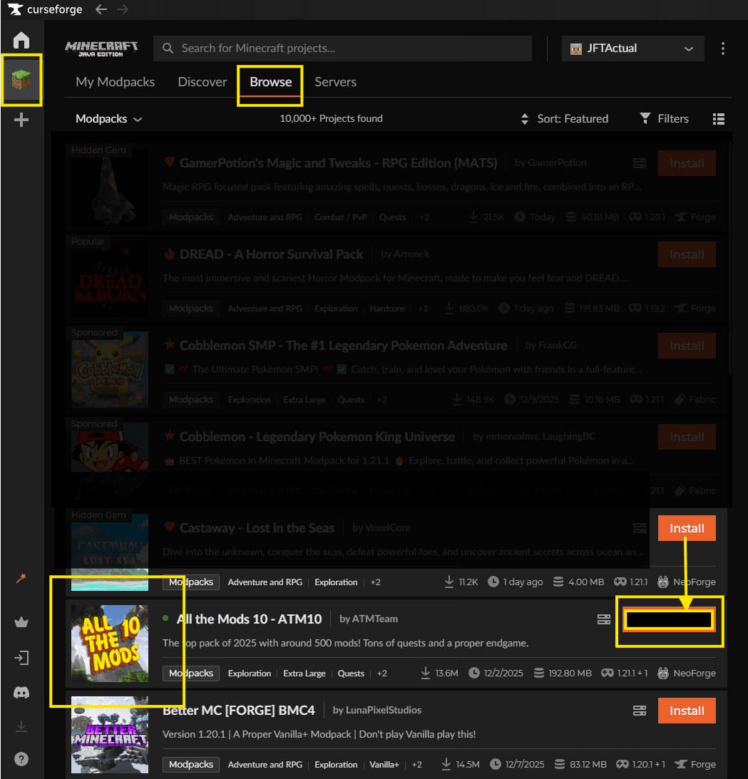 Screenshot of CurseForge showing the Browse tab and All The Mods 10 result