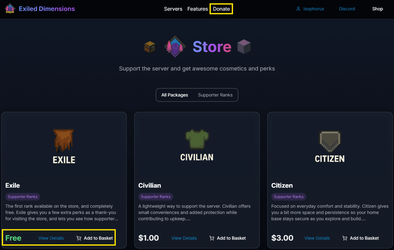 Screenshot showing the free starter tier package in the store