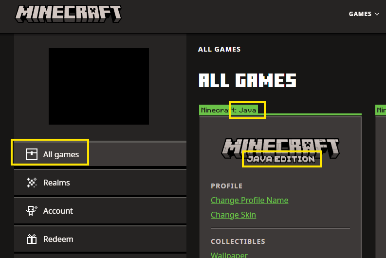 Screenshot of the Minecraft Java Games page