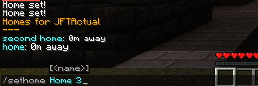 Screenshot showing how to use the /sethome command in-game